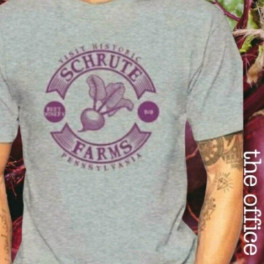 The Office Schrute Farms T-Shirt Mens Graphic‎ Tee Beet Farm Gray Medium